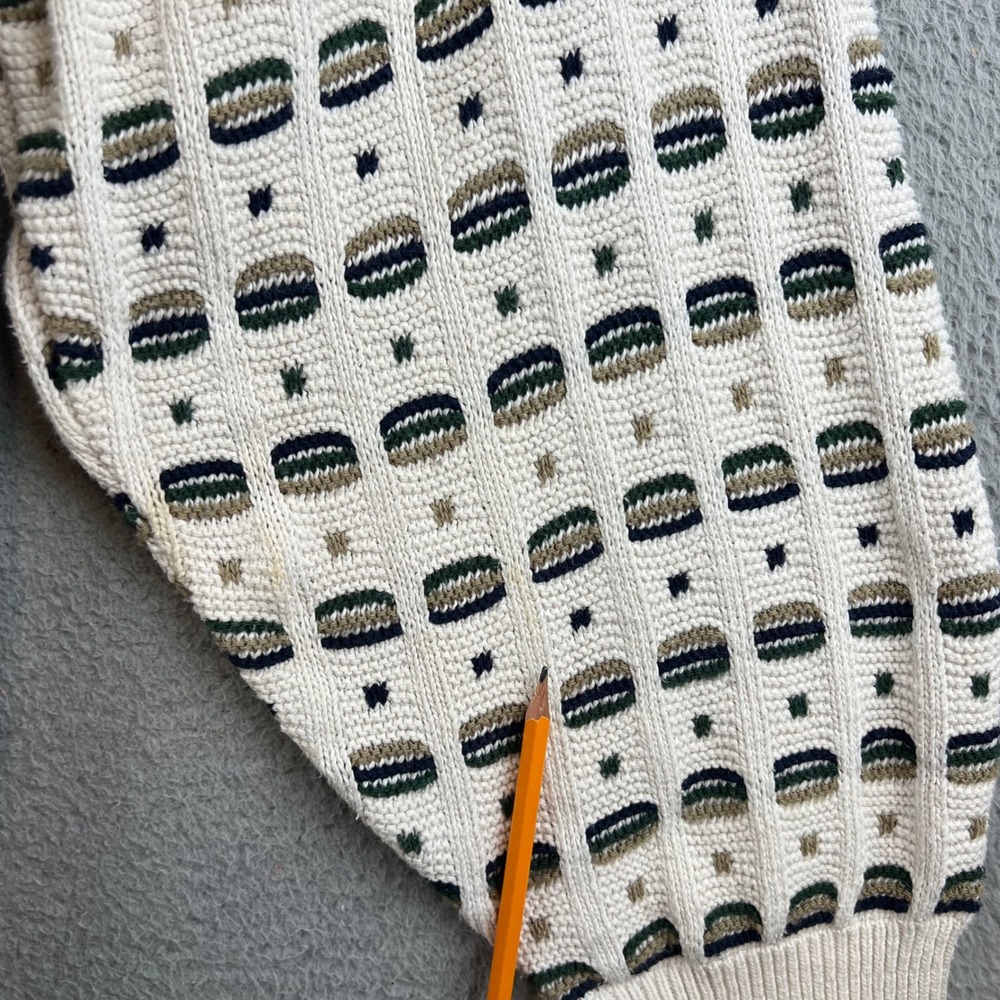Vintage Textured Knit Geometric Crewneck Sweater Mens Cream Green Brown Pattern - Picture 7 of 8